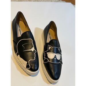 Karl Lagerfeld Karl/Cat Face Slip-On Sneakers 9 Black Leather Designer